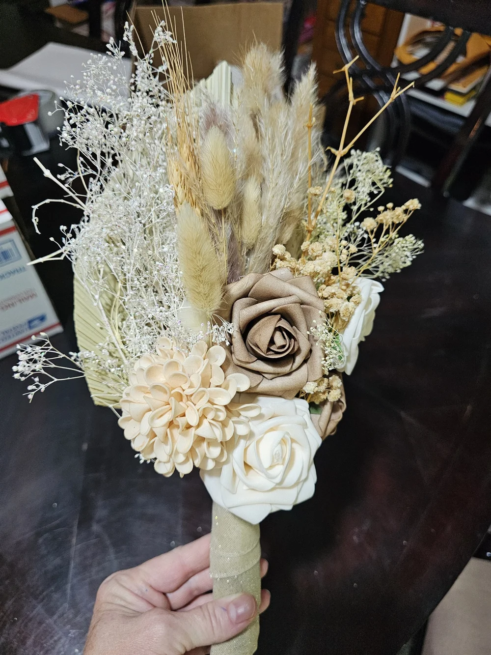 Boho Neutral Faux Floral Bridesmaid Bouquet 4 in Cream and Tan